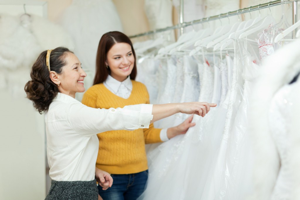 Two women looking at bridal gowns