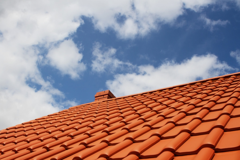 new red rooftop against blue sky